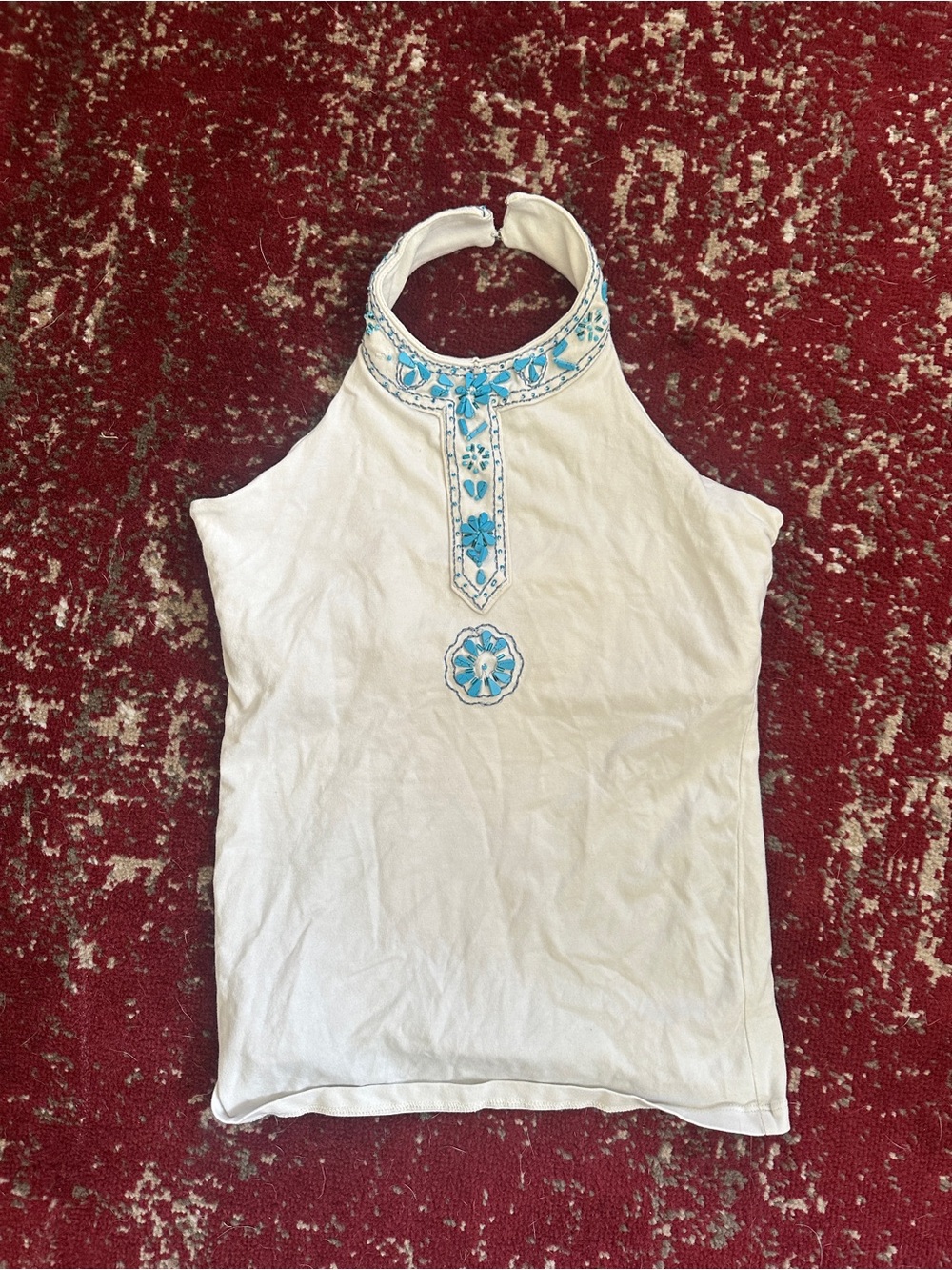 White Halter Top with Blue Beaded Embroidery